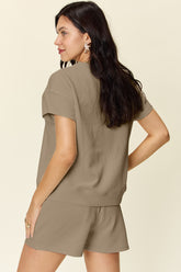 Double Take Full Size Texture Short Sleeve T-Shirt and Drawstring Shorts Set OutfitFlow
